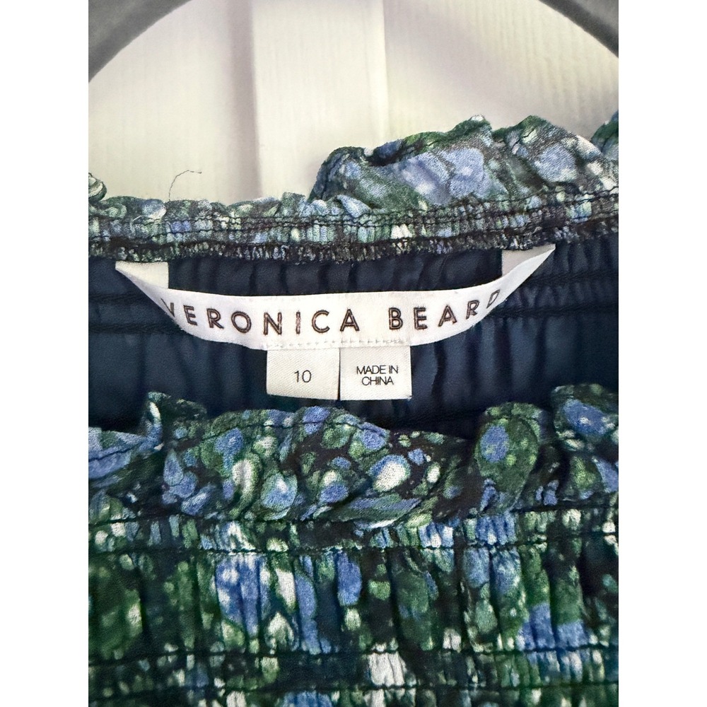 Veronica Beard Farha Mini Dress 10 Blue Green Smocked Botanical Boho - Picture 4 of 8